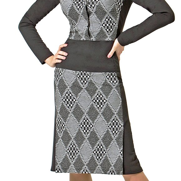 WEAR TO WORK EUROPEAN CONTRAST DRESS GEOMETRIC PRINT - Picture 2 of 8